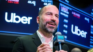 Dara Khosrowshahi, chief executive officer of Uber Technologies speaks on a webcast during the company’s initial public offering on the floor of the New York Stock Exchange, May 10, 2019.