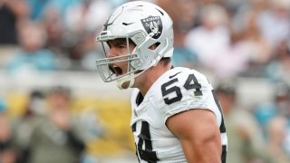 Blake Martinez, then of the Las Vegas Raiders, celebrates after making a tackle against the Jacksonville Jaguars at TIAA Bank Field on November 06, 2022.