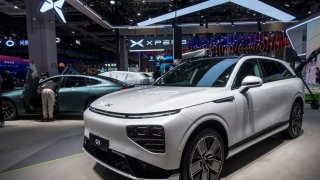 The Xpeng G9 SUV is on display during the 20th Shanghai International Automobile Industry Exhibition at the National Exhibition and Convention Center in Shanghai, April 18, 2023.