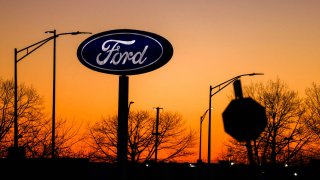 The logo of car manufacturer Ford is pictured in Inwood, New York, on February 5, 2024.