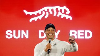 Tiger Woods speaks during the launch of Tiger Woods and TaylorMade Golf’s new apparel and footwear brand “Sun Day Red” at Palisades Village on February 12, 2024 in Pacific Palisades, California.