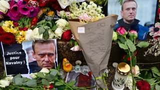 Flowers are seen laid in homage to Alexei Navalny, next to the Russian Embassy on February 19, 2024 in Paris, France.