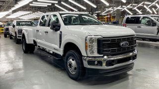 Ford Super Duty trucks are seen at the Kentucky Truck assembly plant in Louisville, Kentucky, on April 27, 2023.