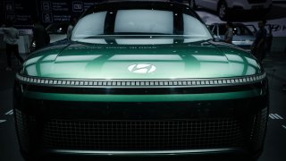 Korean automobile manufacturer Hyundai displays the electric concept vehicle ‘Seven’ during the Indonesia International Motor Show (IIMS) at the Jakarta International Expo in Jakarta on February 24, 2024.