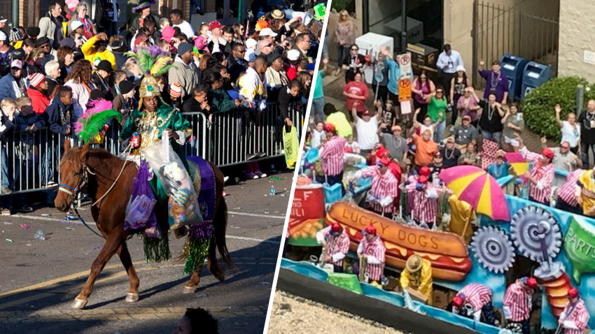 Image shows scenes from a Mardi Gras parade in Mobile, Alabama, where the iconic holiday full of parties, parades and celebrations began.