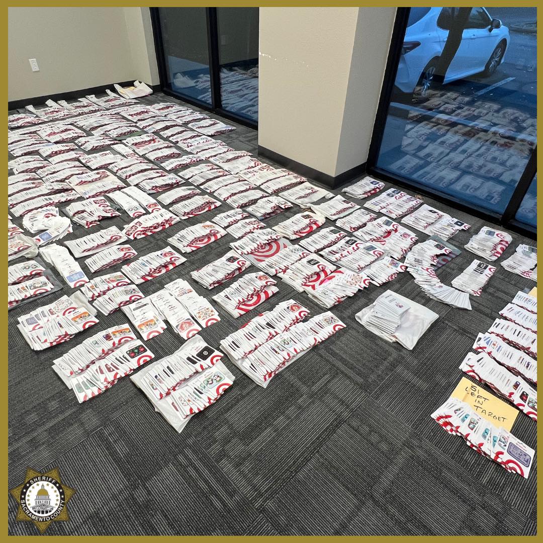 A room full of stacks of thousands of gift cards, showing gift cards Sacramento County Sheriff's deputies say they found in the possession of one man