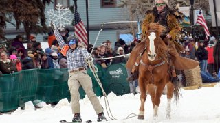 A skijoring team competes in Leadville, Colo., on Saturday, March 2, 2024.