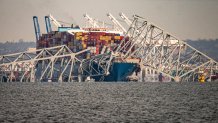 The Dali container vessel after striking the Francis Scott Key Bridge that collapsed into the Patapsco River in Baltimore, Maryland, US, on Tuesday, March 26, 2024.