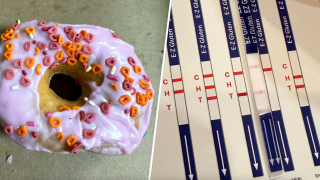 (Left) A Dunkin' Donut; (Right) Gluten testing strips.