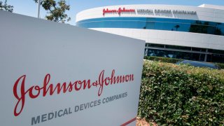 An entry sign to the Johnson & Johnson campus shows their logo in Irvine, California on August 28, 2019.