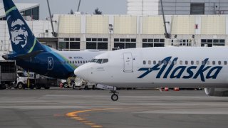 An Alaska Airlines Boeing 737 MAX 9 taxis at Seattle-Tacoma International Airport on March 25, 2024 in Seattle, Washington.