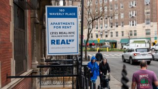 A sign advertising units for rent is displayed outside of a Manhattan building on April 11, 2024 in New York City.