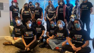 Google employees protest in New York on April 17th, 2024.