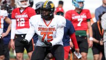 MOBILE, AL - FEBRUARY 01: American offensive lineman Javon Foster of Missouri (75) during the American team practice for the Reese's Senior Bowl on February 31, 2024 at Hancock Whitney Stadium in Mobile, Alabama.  (Photo by Michael Wade/Icon Sportswire via Getty Images)