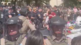 Pro-Palestinian protesters and law enforcement officers at the University of Texas at Austin, April 29, 2024.