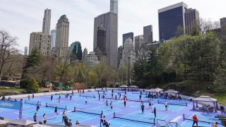 People play pickleball at Central Park on April 8, 2023 in New York City.