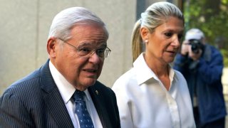 US Senator Bob Menendez, Democrat of New Jersey, and his wife Nadine Arslanian, arrive at the US District Court, Southern District of New York, in New York City on September 27, 2023. 