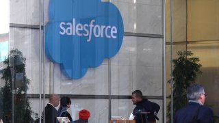 Salesforce signage is seen at its headquarters in San Francisco on Feb. 28, 2024.