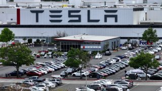 An aerial view of the Tesla Fremont Factory on April 24, 2024 in Fremont, California.