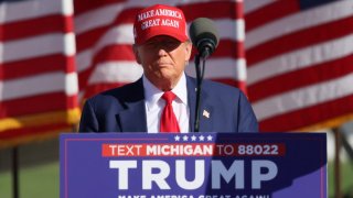 Republican presidential candidate and former U.S. President Donald Trump shouts during a campaign event in Freeland, Michigan, U.S. May 1, 2024.
