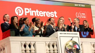 Bill Ready, CEO of Pinterest, rings the opening bell at New York Stock Exchange (NYSE) in New York City, U.S., May 15, 2024. 