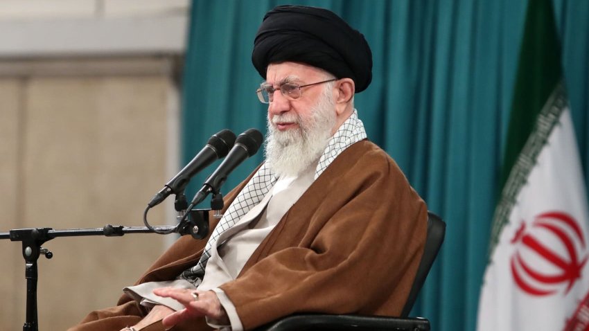 Iran’s Supreme Leader Ali Hosseini Khamenei makes a speech on the crash-landing of Iranian President Ebrahim Raisi’s convoy helicopter after attending the inauguration of a dam on the Azerbaijani border on May 19, 2024, in Tehran, Iran.