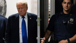 Former US President Donald Trump returning to the courthouse moments before hearing that the jury had a verdict in his criminal trial in New York State Supreme Court in New York, New York, USA, 30 May 2024.