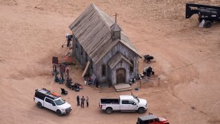 FILE - This aerial photo shows the movie set of "Rust," at Bonanza Creek Ranch, Oct. 23, 2021, in Santa Fe, N.M. e of Hope Award Gala at New York Hilton Midtown on Dec. 9, 2021, in New York. On Friday, May 24, 2024, a New Mexico judge rejected a request by Alec Baldwin to dismiss the sole criminal charge against him in a fatal shooting on the set of “Rust,” keeping the case on track for a trial this summer.