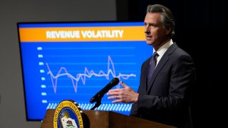 FILE – California Gov. Gavin Newsom discusses his budget proposal, Wednesday, Jan. 10, 2024, in Sacramento, Calif. Newsom will release his updated budget proposal on Friday, May 10, 2024. (AP Photo/Rich Pedroncelli,File)