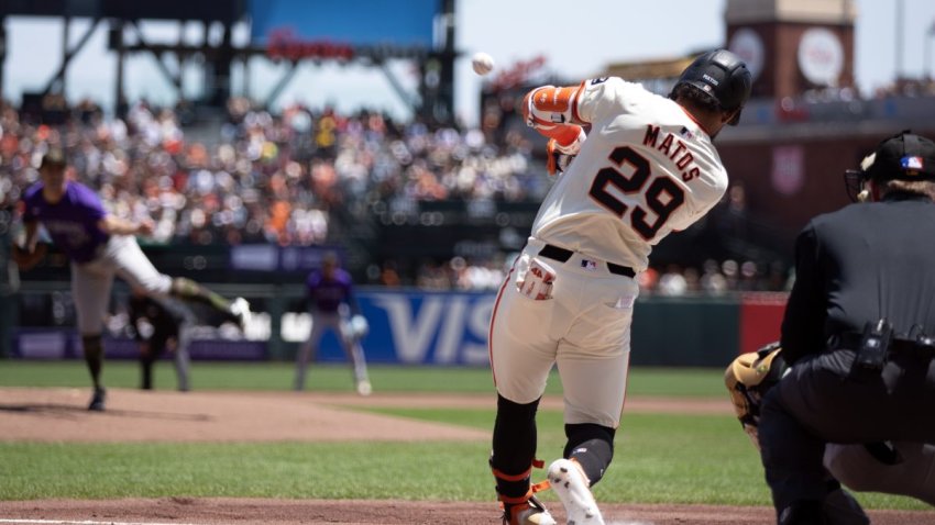 May 18, 2024; San Francisco, California, USA; San Francisco Giants center fielder Luis Matos (29) connects for a three-run home run off Colorado Rockies starting pitcher Ty Blach (50) during the first inning at Oracle Park. Mandatory Credit: D. Ross Cameron-USA TODAY Sports