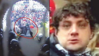 A split image. On the left, a crowd with a figure highlighted by a red circle; on the right, an image of a man's face.