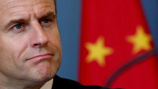 French President Emmanuel Macron attends a trilateral meeting with China’s President Xi Jinping and European Commission President Ursula von der Leyen (not seen) at the Elysee Palace in Paris as part of the Chinese president’s two-day state visit in France, May 6, 2024.