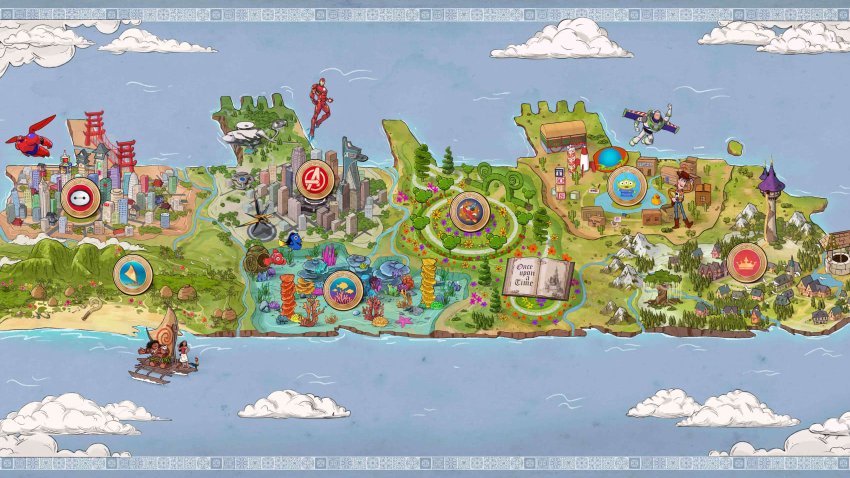 An aerial map of the seven themed areas on board the Disney Adventure.