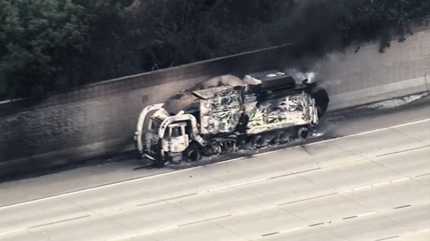 A burned out garbage truck on I-680 in Pleasant HIll. (June 25, 2024)