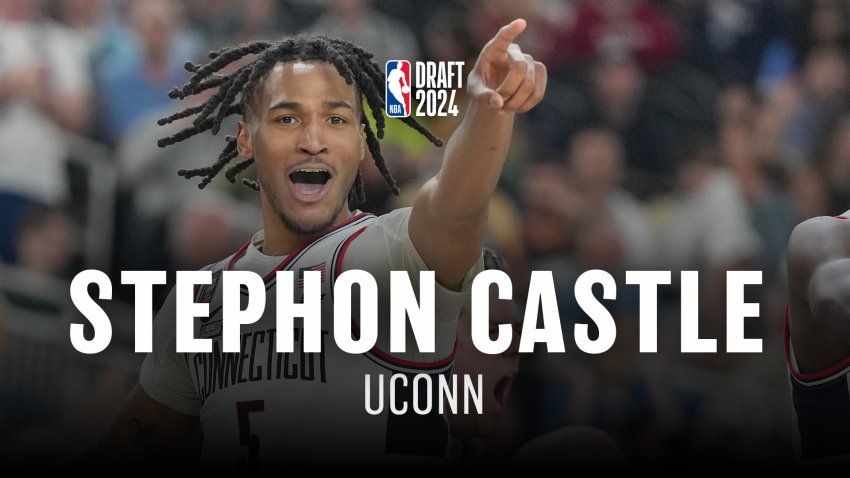 Stephon Castle points towards the camera with a large crowd of spectators behind him. Text reads 2024 NBA Draft, Stephon Castle, UConn