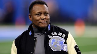 Former NFL player Barry Sanders of the Detroit Lions reacts during the first half between the Los Angeles Rams and Detroit Lions in the NFC Wild Card Playoffs at Ford Field on January 14, 2024 in Detroit, Michigan.