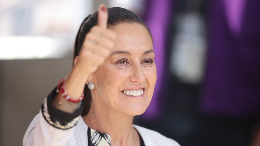 MEXICO CITY, MEXICO – JUNE 02: Presidential candidate Claudia Sheinbaum of ”Sigamos Haciendo Historia” coalition shows her inked fingerprint after casting her vote during the presidential elections