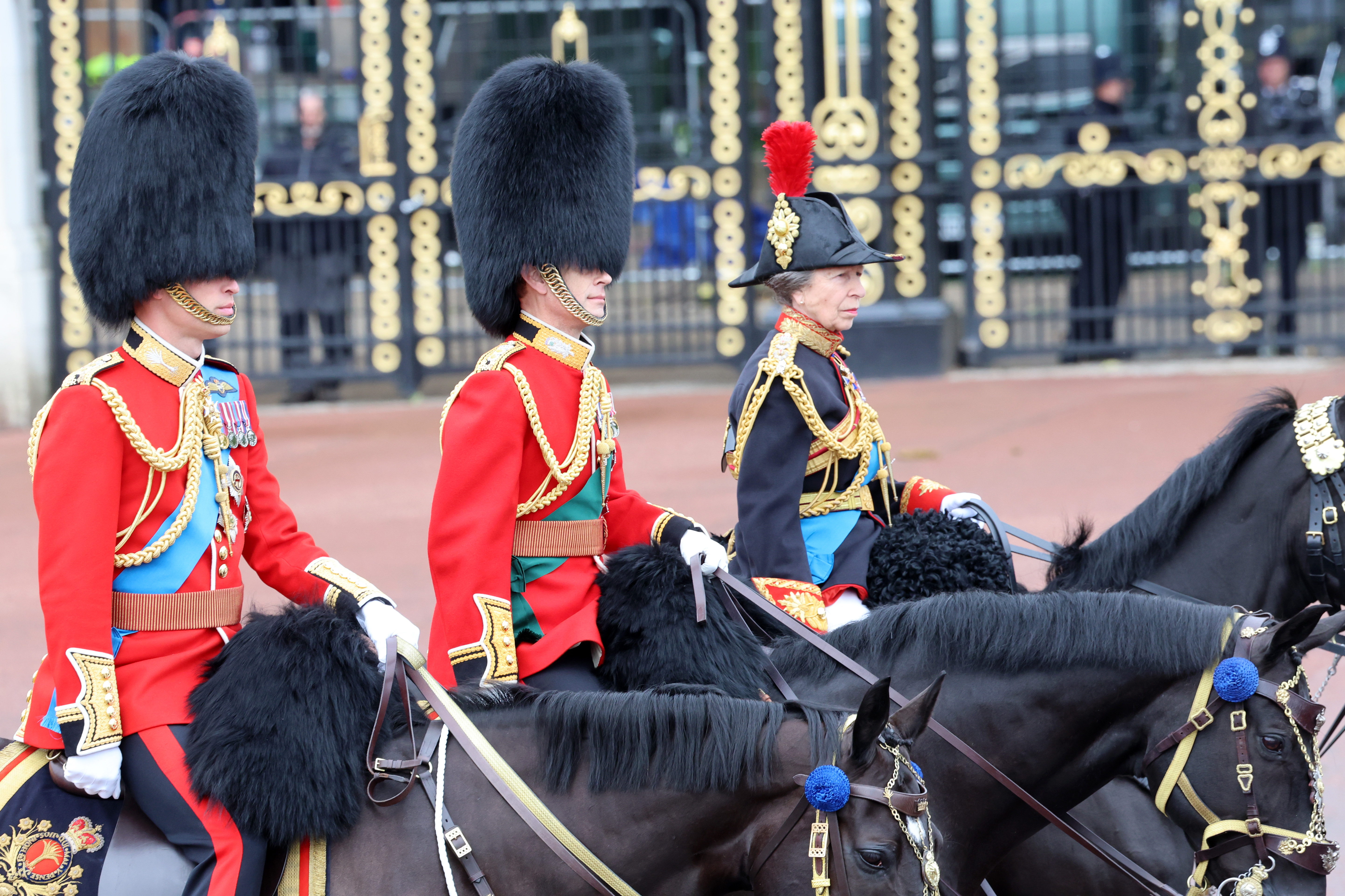 Princess Anne, Princess Royal during Trooping the Colour at Buckingham Palace on June 15, 2024 in London, England. Trooping the Colour is a ceremonial parade celebrating the official birthday of the British Monarch. The event features over 1,400 soldiers and officers, accompanied by 200 horses. More than 400 musicians from ten different bands and Corps of Drums march and perform in perfect harmony.