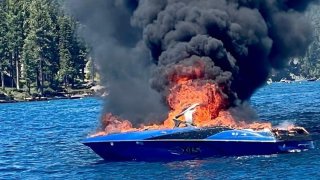 A boat burns in Lake Tahoe.