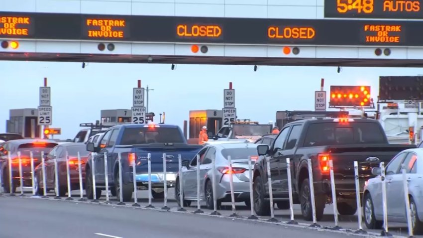 Traffic backs up at the Bay Bridge toll plaza Monday morning after an earlier crash shut down at least two lanes. (June 10, 2024)