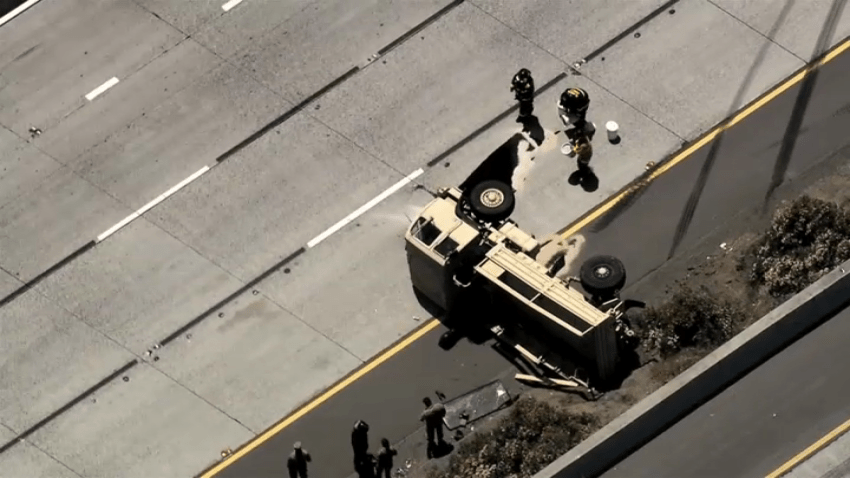 An overturned US Army truck on I-580 in Castro Valley. (June 7, 2024)