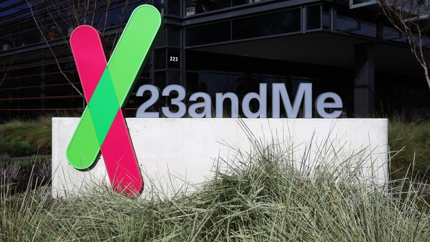 A sign is posted in front of the 23andMe headquarters on February 01, 2024 in Sunnyvale, California.