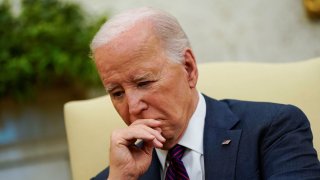 U.S. President Joe Biden reacts, as he meets with Iraqi Prime Minister Mohammed Shia al-Sudani (not pictured) in the Oval Office at the White House in Washington on April 15, 2024.