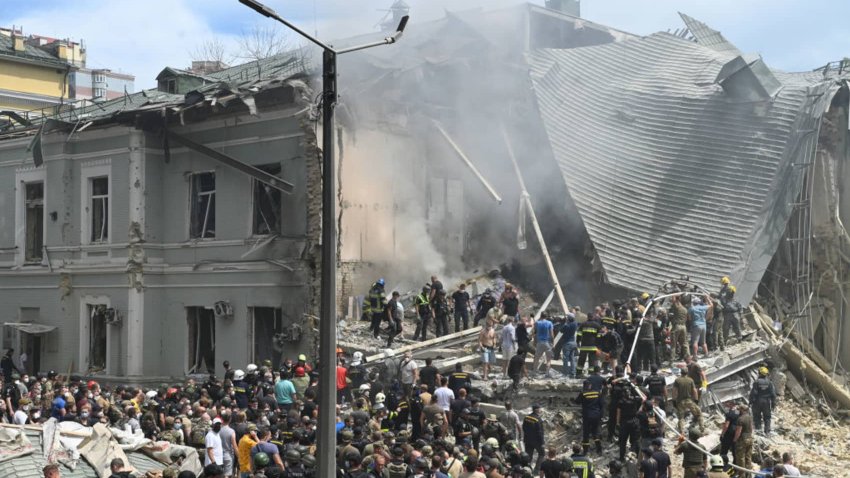 Emergency forces and civilians conduct search-and-rescue operations among the rubble of ‘Okhmatdyt’ Children’s Hospital in Kyiv, Ukraine, on July 8, 2024.