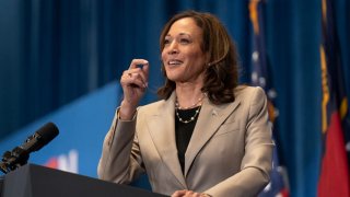 US Vice President Kamala Harris speaks during a campaign event at Westover High School in Fayetteville, North Carolina, on July 18, 2024. 