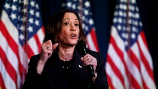 US Vice President Kamala Harris speaks at a moderated conversation with former Trump administration national security official Olivia Troye and former Republican voter Amanda Stratton on July 17, 2024 in Kalamazoo, Michigan.