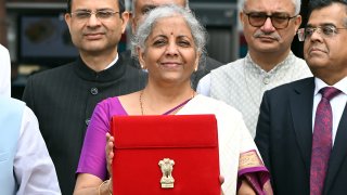 Nirmala Sitharaman, India’s finance minister, leaves the ministry to present the budget at the parliament in New Delhi, India, on July 23, 2024. 