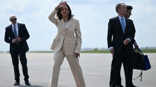 U.S. Vice President and Democratic presidential candidate Kamala Harris arrives at Indianapolis International Airport in Indianapolis, Indiana, U.S. on July 24, 2024. Harris is travelling to Indianapolis, Indiana, to deliver the keynote speech at Zeta Phi Beta Sorority, Inc.’s Grand Boule event.