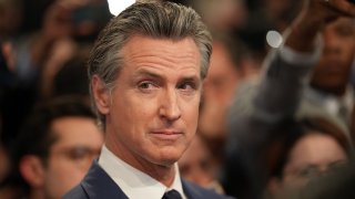 Gov. Gavin Newsom (D-CA) speaks to reporters in the spin room following the CNN Presidential Debate between U.S. President Joe Biden and Republican presidential candidate, former U.S. President Donald Trump at the McCamish Pavilion on the Georgia Institute of Technology campus on June 27, 2024 in Atlanta, Georgia. (Photo by Andrew Harnik/Getty Images)