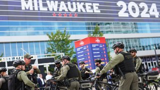 Law Enforcement Officers from Palm Beach hang out in the Fiserv Forum Plaza